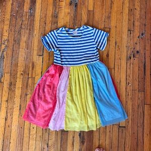 Hanna Andersson Kids Blue and Cream Striped dress with rainbow skirt